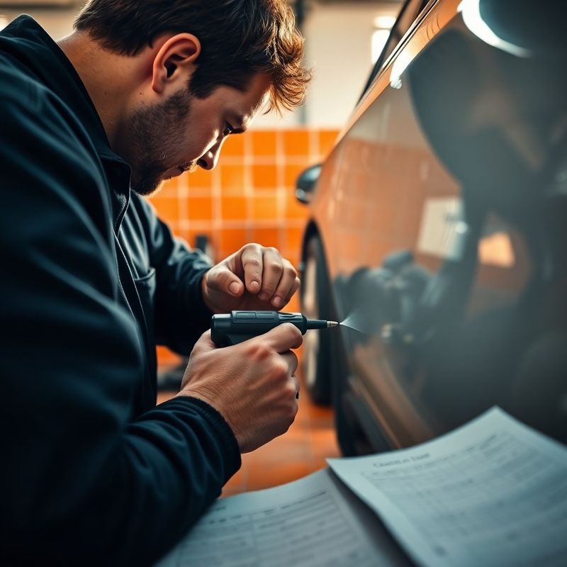 Technician using a paintless dent repair tool on a car panel with a written quote sheet visible