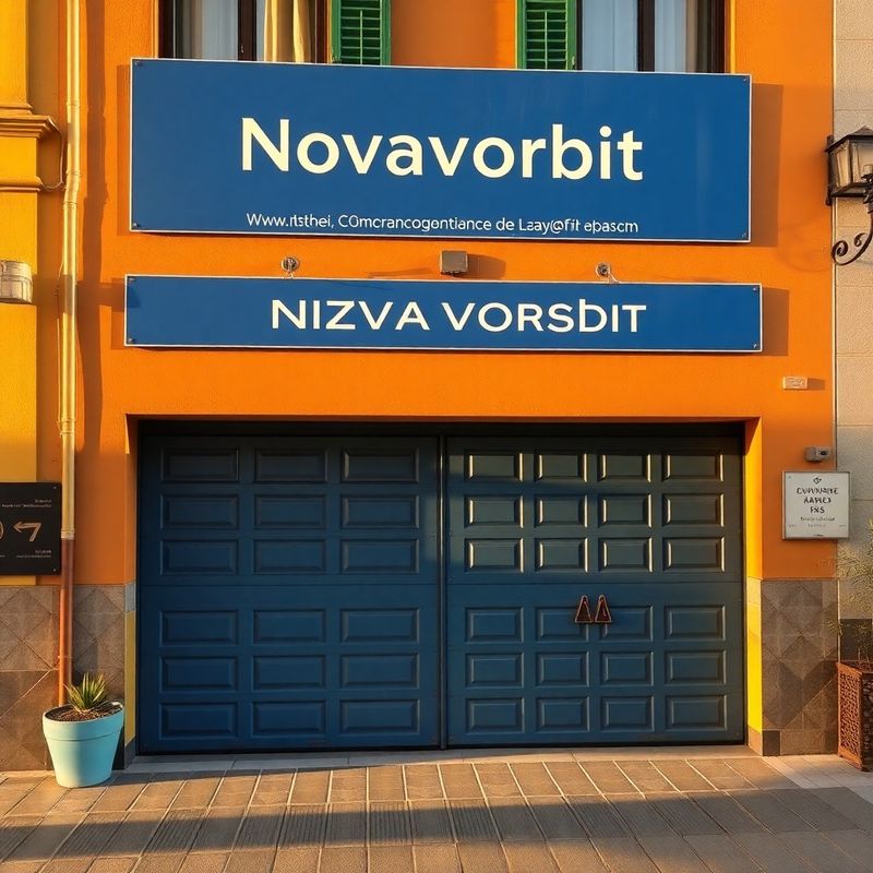 Exterior of the Novavorbit workshop on Calle de la Mecánica in Zaragoza with azure signage above the garage doors