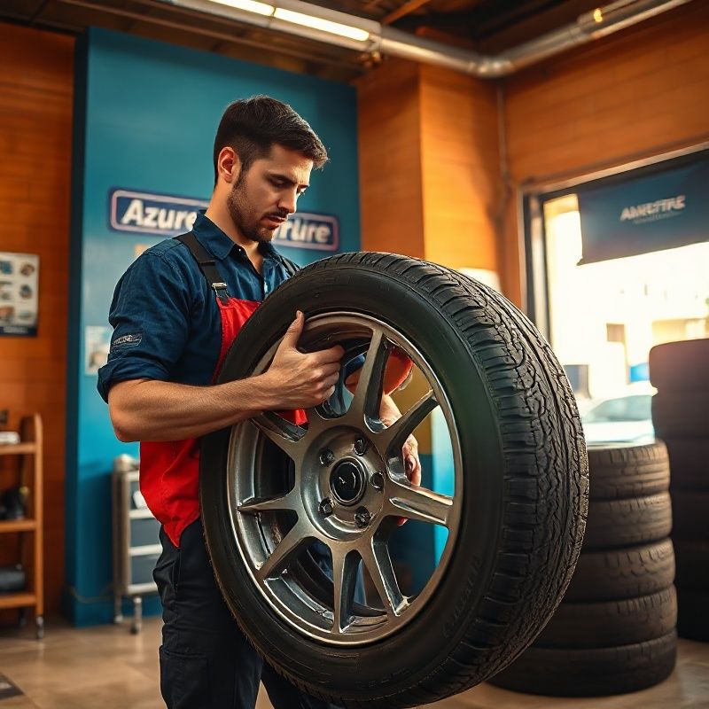 Technician mounting a tyre on a rim inside the Novavorbit workshop in Zaragoza