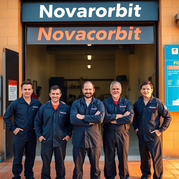 The Novavorbit team of mechanics standing in front of the workshop entrance in Zaragoza