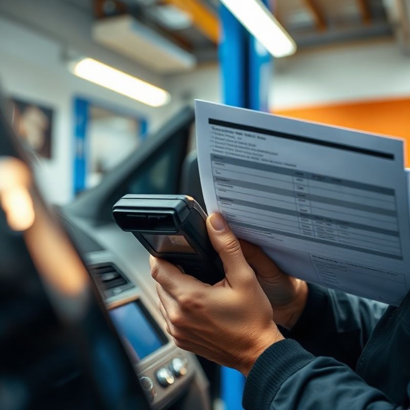 Professional OBD-II scanner connected to a car dashboard port with a technician reading the fault report